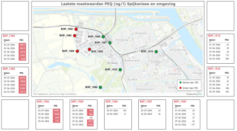 Kaart met meetwaarden Spijkenisse en omgeving