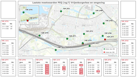 Kaart met meetwaarden Vrijenburgbos en omgeving